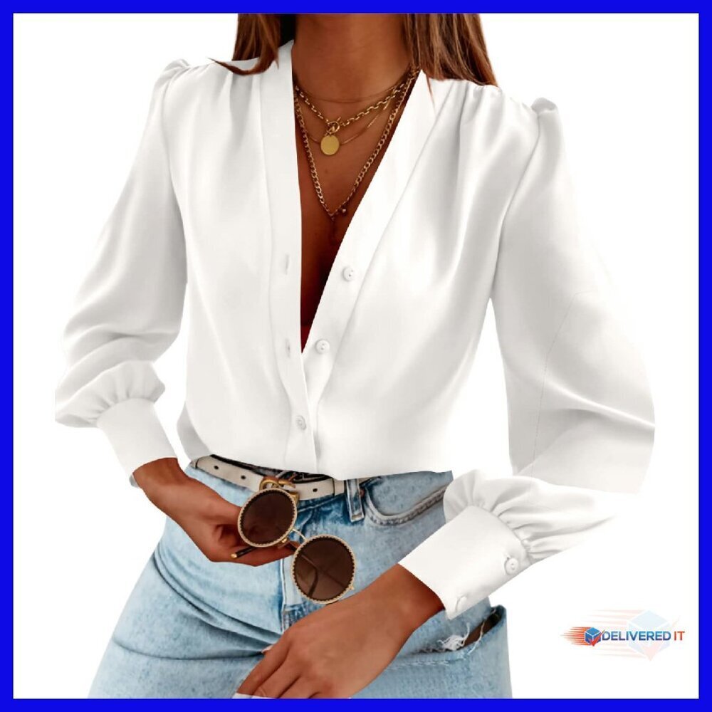 Long Sleeve V Neck Button Down Blouse Business Casual Polyester